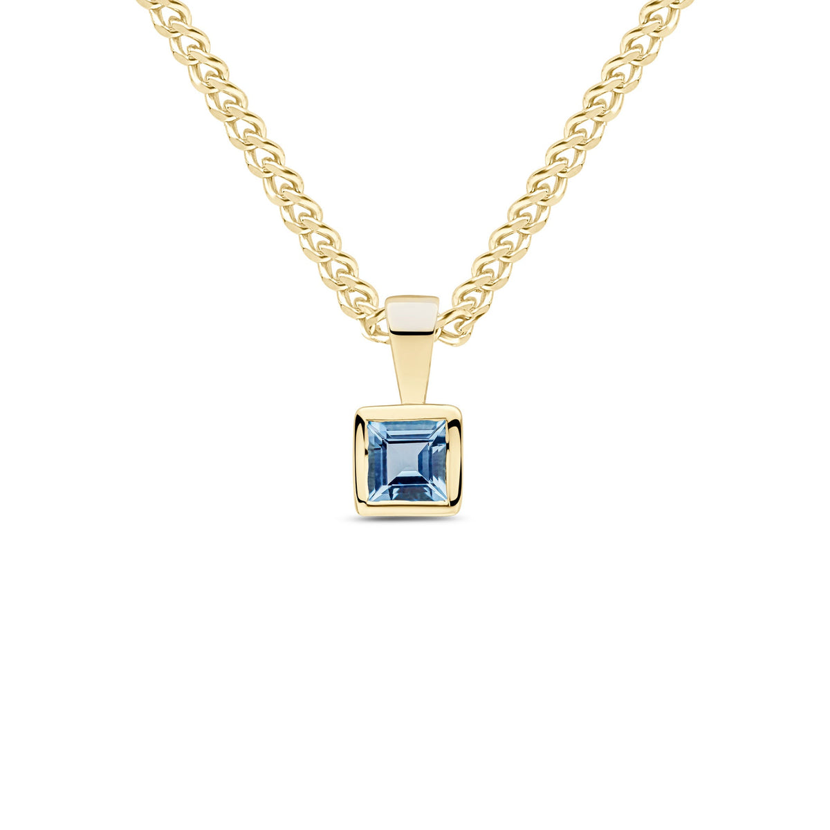 9ct Yellow Gold Square Natural Aquamarine Rubover Pendant — 4mm