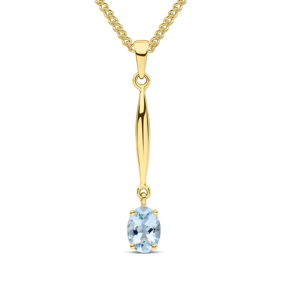 9ct Yellow Gold Oval Natural Aquamarine Claw Bar Drop Pendant — 7x5mm