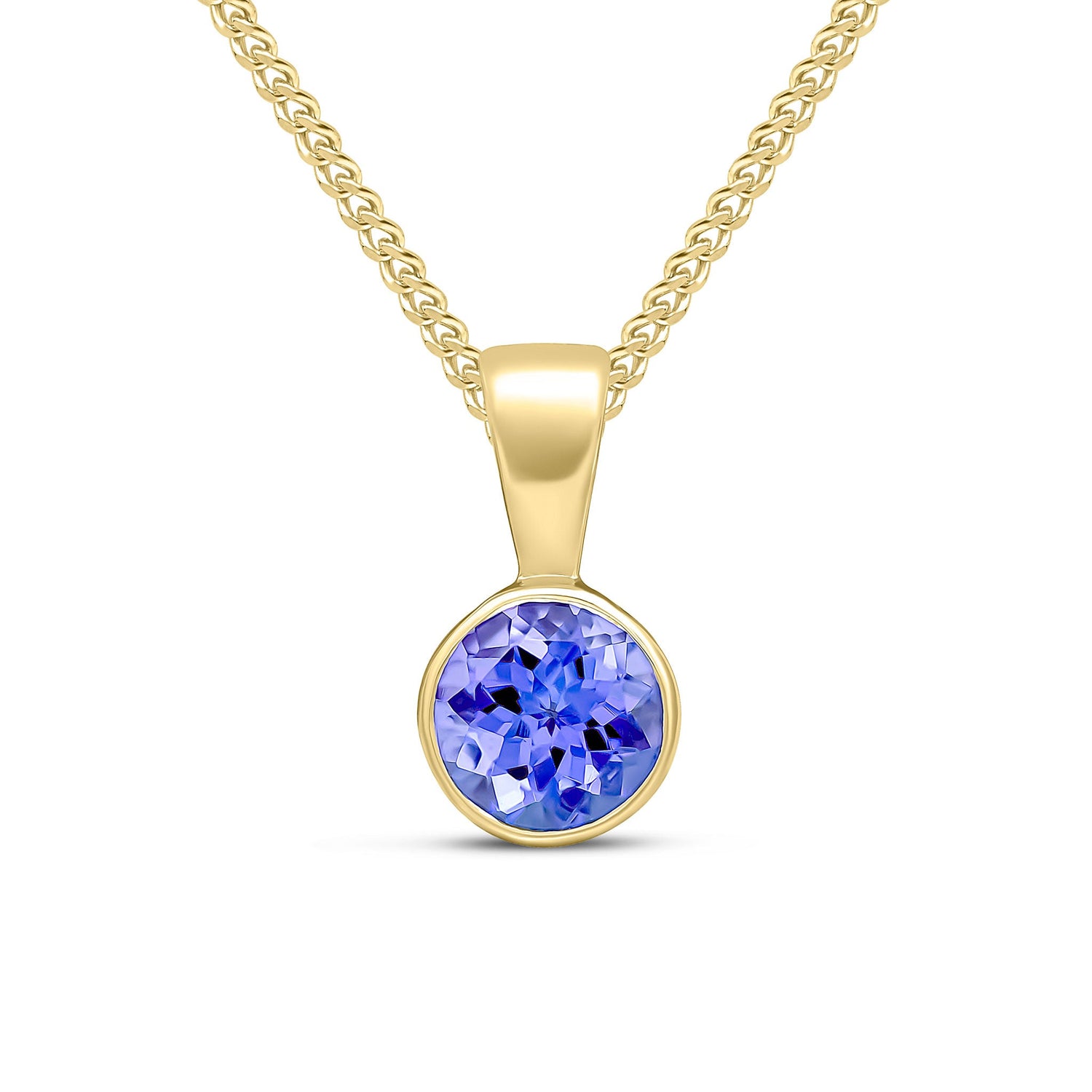 9ct Yellow Gold Round Natural Tanzanite Rubover Pendant — 5mm