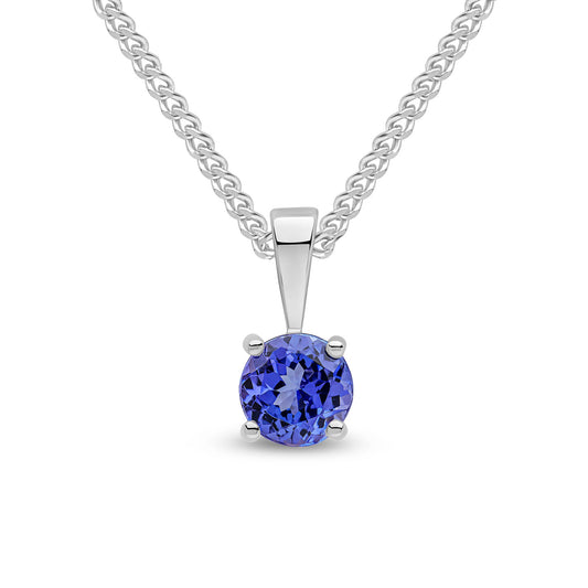 9ct White Gold Four-Claw Round Natural Tanzanite Solitaire Pendant — 5mm