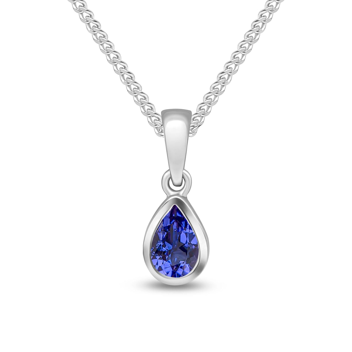 9ct White Gold Pear Shaped Natural Tanzanite Rubover Pendant — 6x4mm