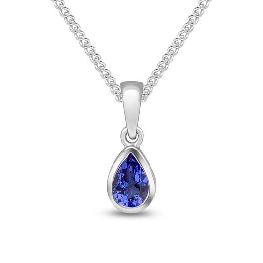9ct White Gold Pear Shaped Natural Tanzanite Rubover Pendant — 6x4mm