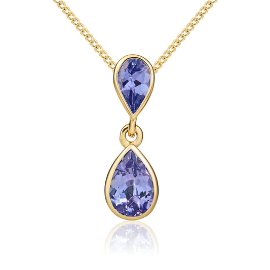 9ct Yellow Gold Pear Shaped Natural Tanzanite Two Stone Rubover Drop Pendant
