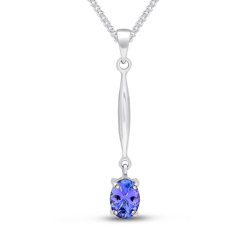 9ct White Gold Oval Natural Tanzanite Claw Bar Drop Pendant — 7x5mm