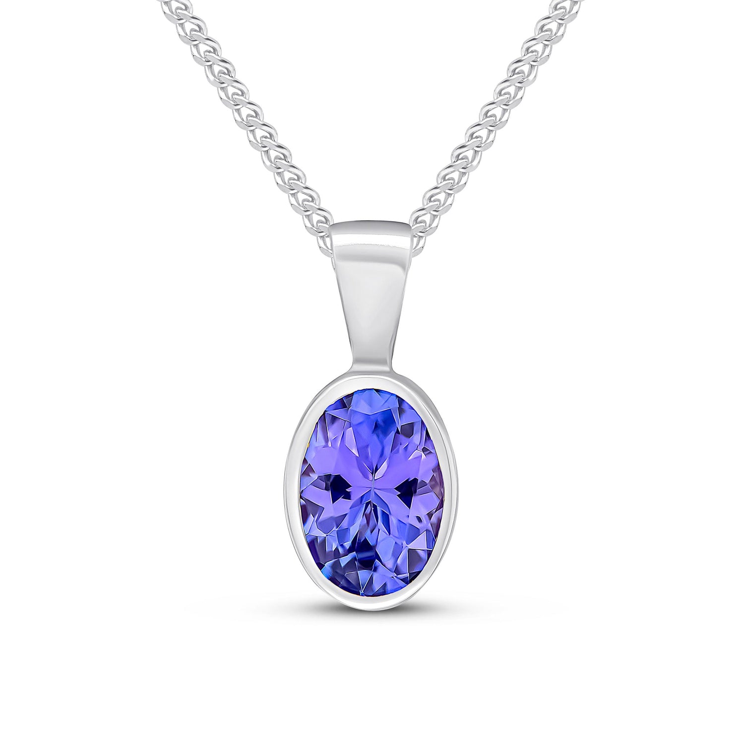 9ct White Gold Oval Natural Tanzanite Rubover Pendant — 7x5mm