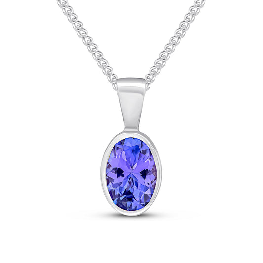 9ct White Gold Oval Natural Tanzanite Rubover Pendant — 7x5mm
