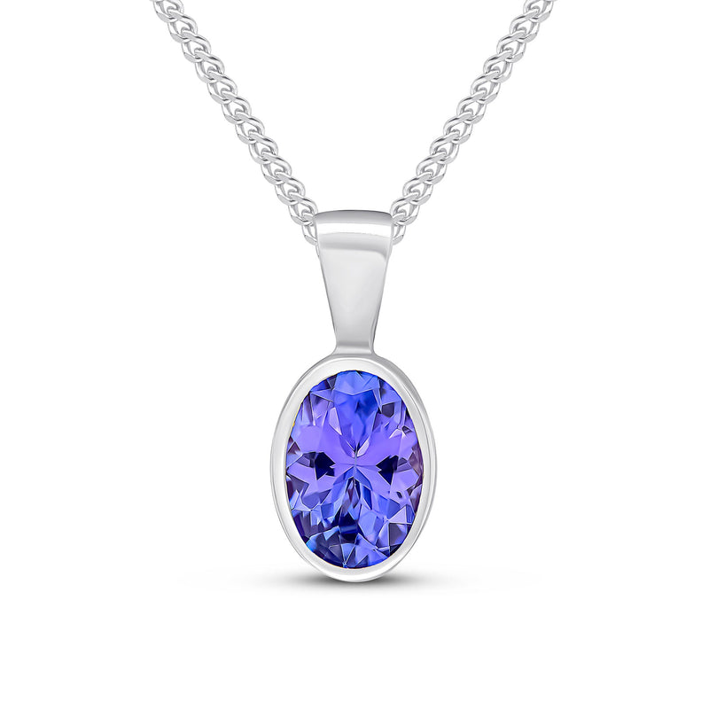 9ct White Gold Oval Natural Tanzanite Rubover Pendant — 7x5mm