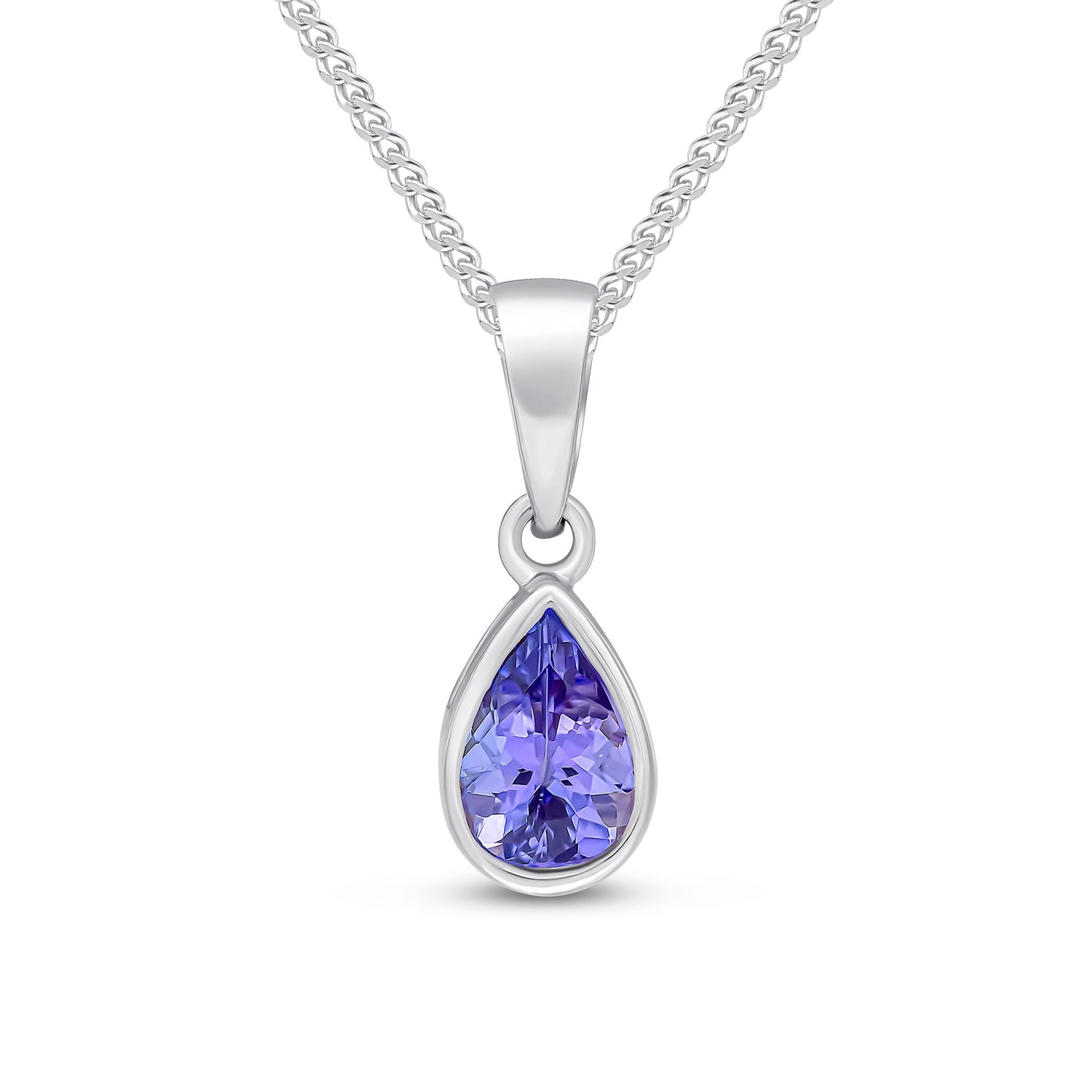 9ct White Gold Pear Shaped Natural Tanzanite Rubover Pendant — 7x5mm