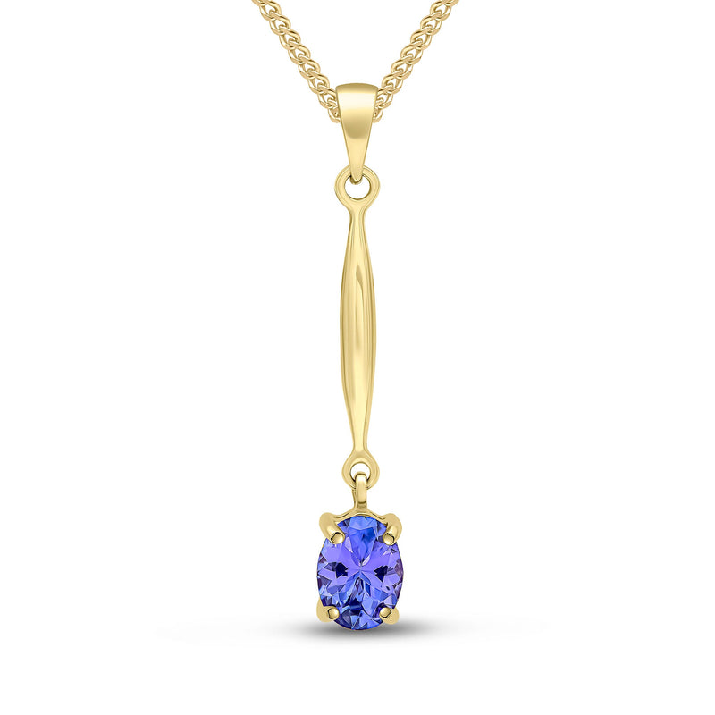 9ct Yellow Gold Oval Natural Tanzanite Claw Bar Drop Pendant — 7x5mm