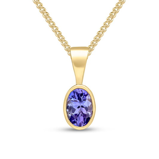 9ct Yellow Gold Oval Natural Tanzanite Rubover Pendant — 6x4mm