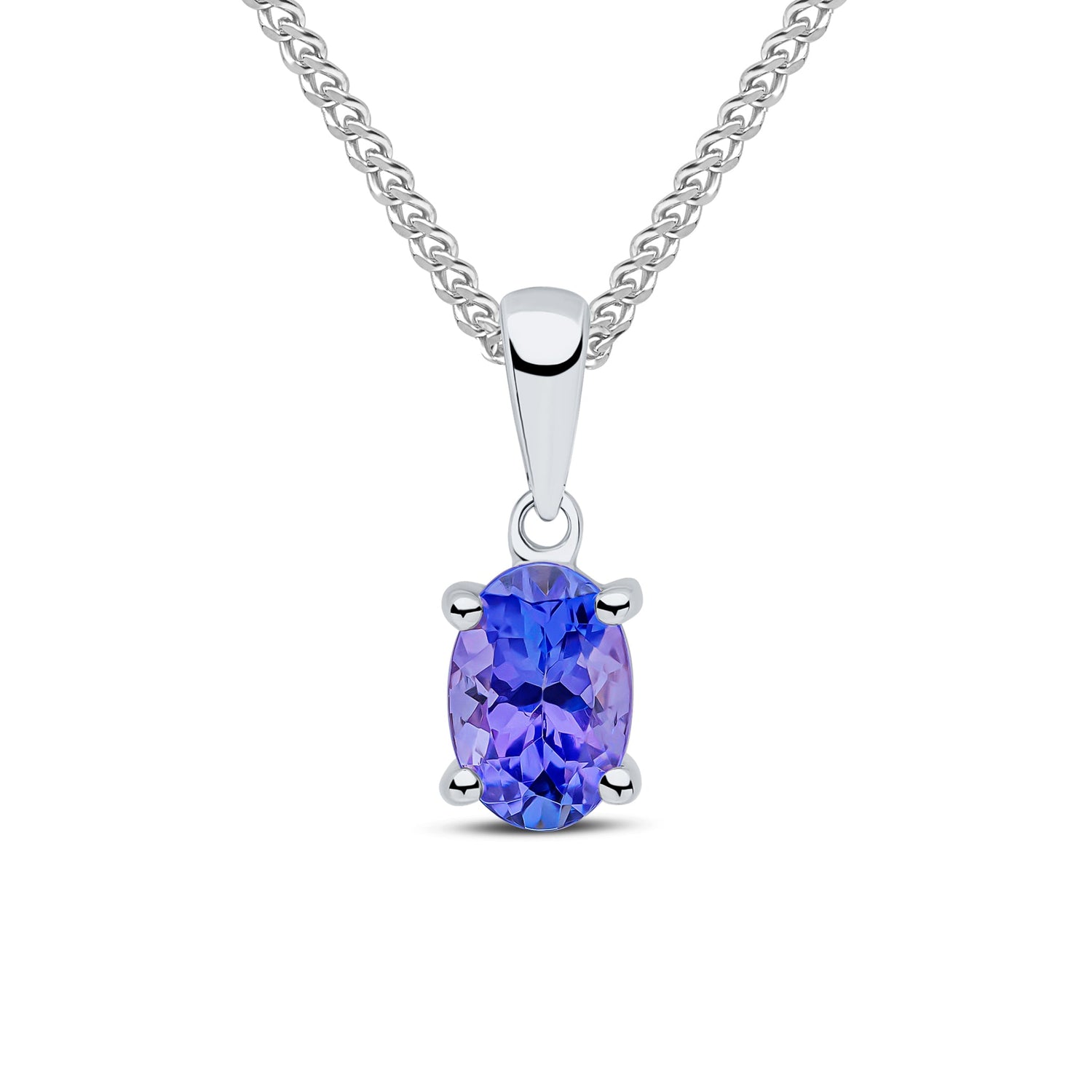 9ct White Gold Four-Claw Oval Natural Tanzanite Solitaire Pendant — 6x4mm