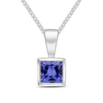 9ct White Gold Square Natural Tanzanite Rubover Pendant — 4mm