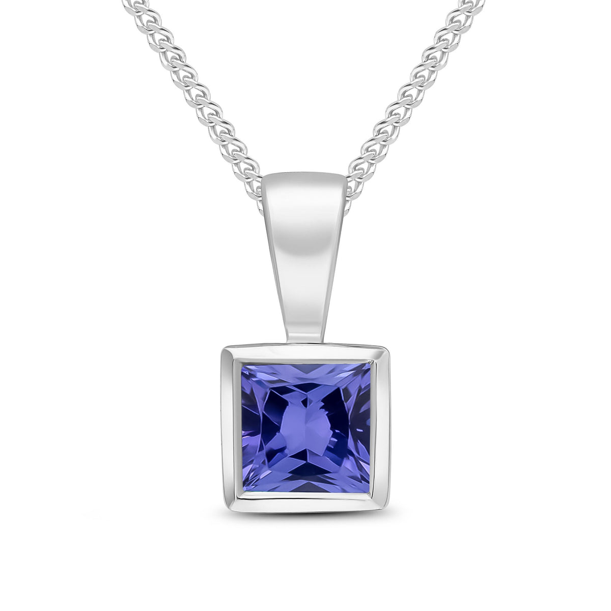 9ct White Gold Square Natural Tanzanite Rubover Pendant — 4mm