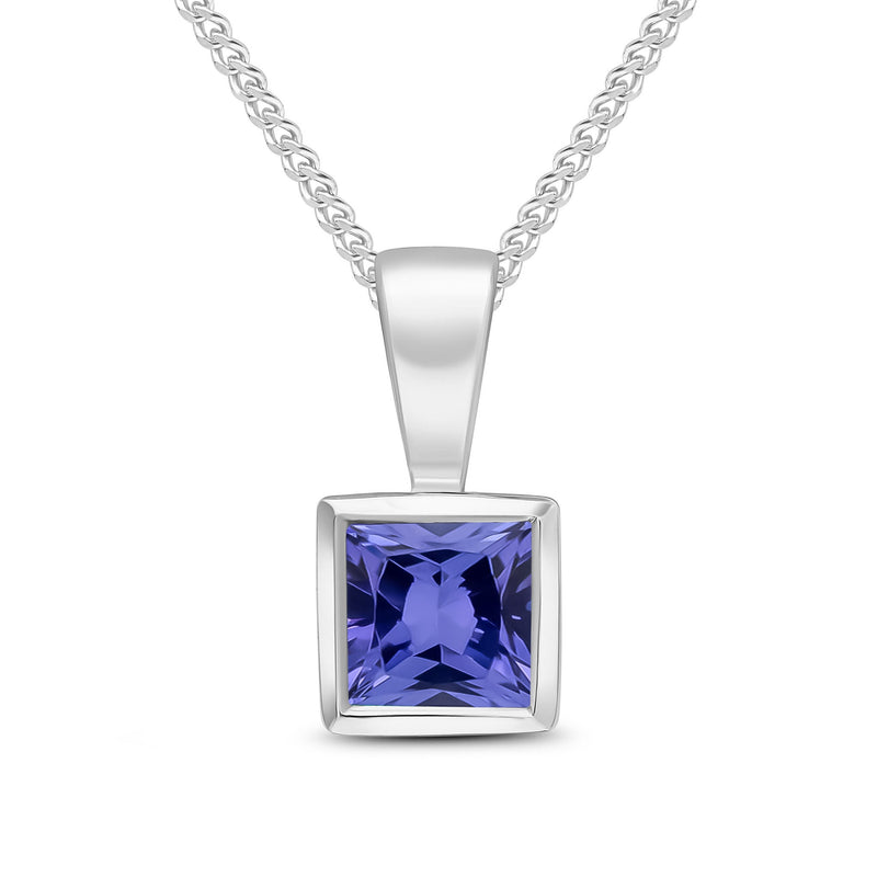 9ct White Gold Square Natural Tanzanite Rubover Pendant — 4mm