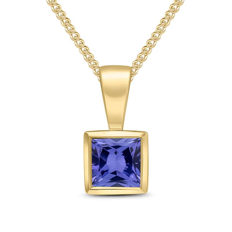 9ct Yellow Gold Square Natural Tanzanite Rubover Pendant — 4mm