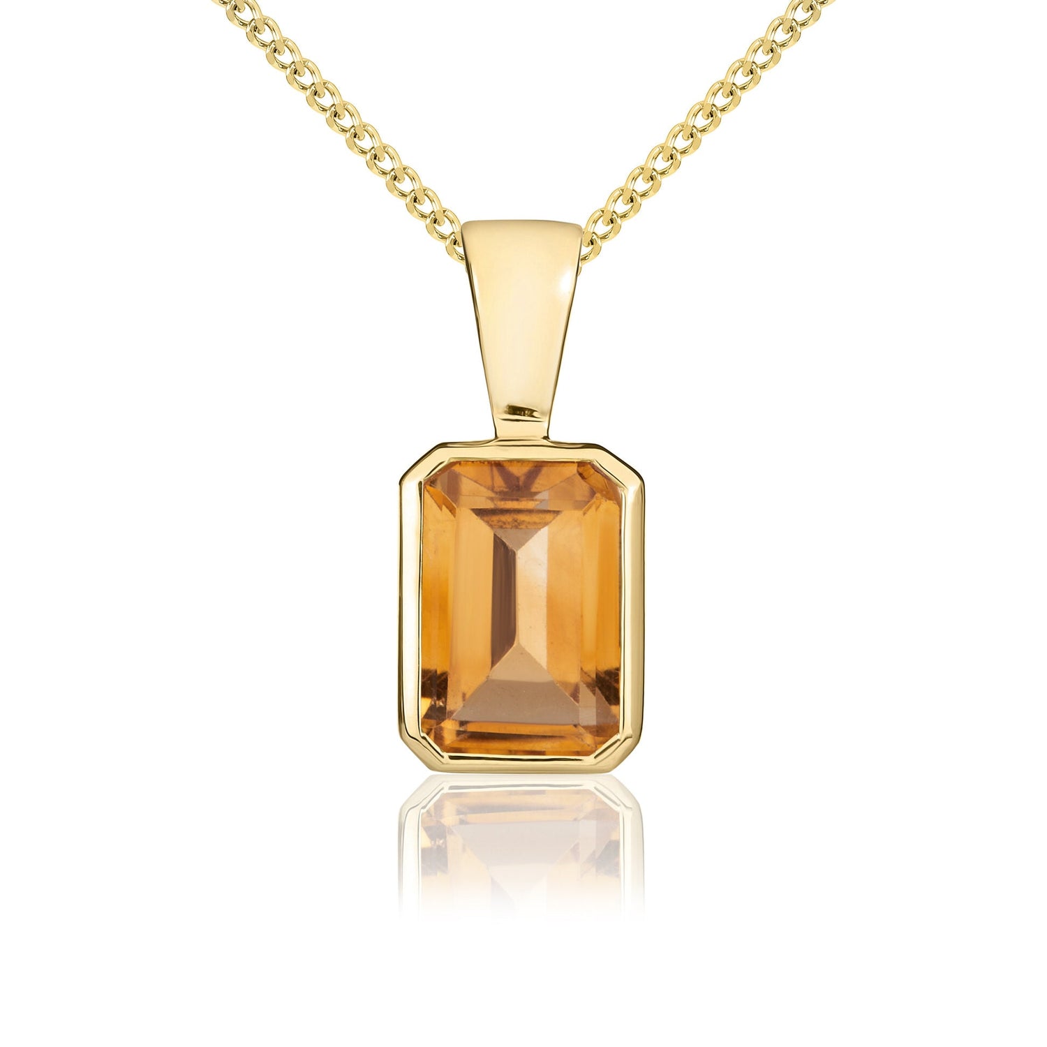 9ct Yellow Gold Rubover Octagonal Emerald Cut Natural Citrine Pendant — 7x5mm