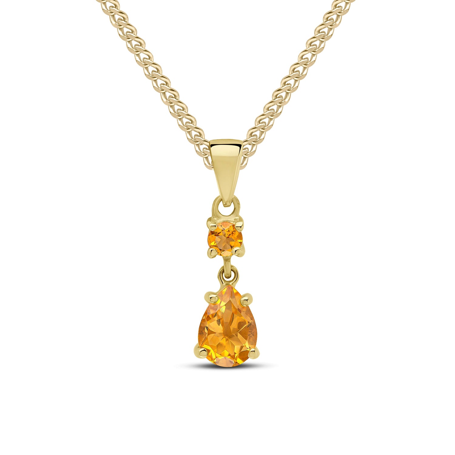 9ct Yellow Gold Two-Stone Round and Pear Shaped Natural Citrine Drop Pendant