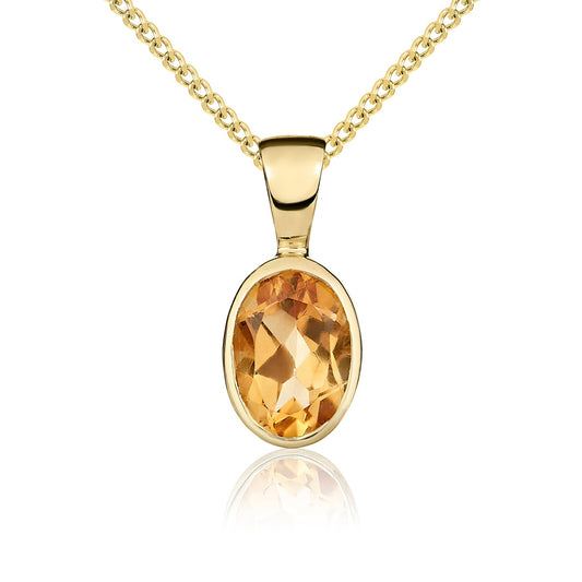 9ct Yellow Gold Oval Natural Citrine Rubover Pendant — 7x5mm