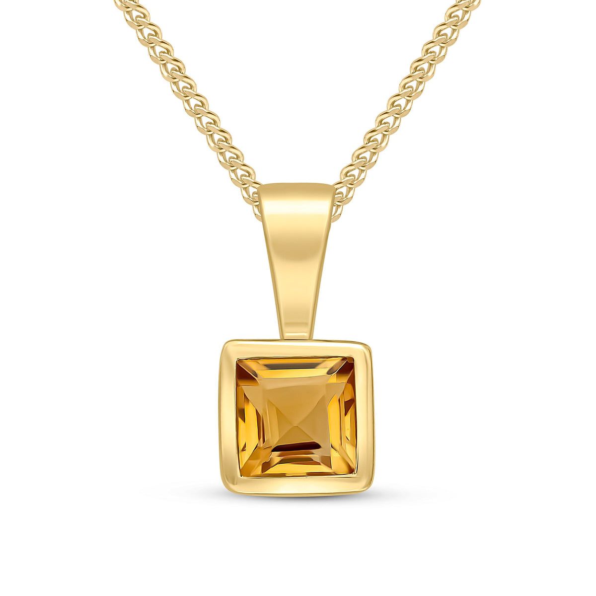 9ct Yellow Gold Square Natural Citrine Rubover Pendant — 4mm
