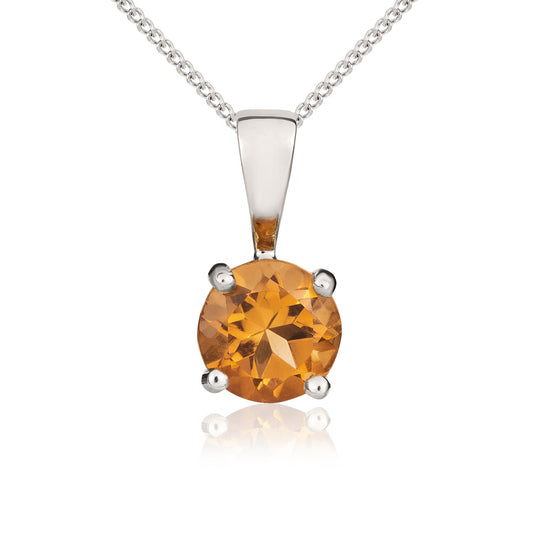 9ct White Gold Four-Claw Round Natural Citrine Solitaire Pendant — 5mm