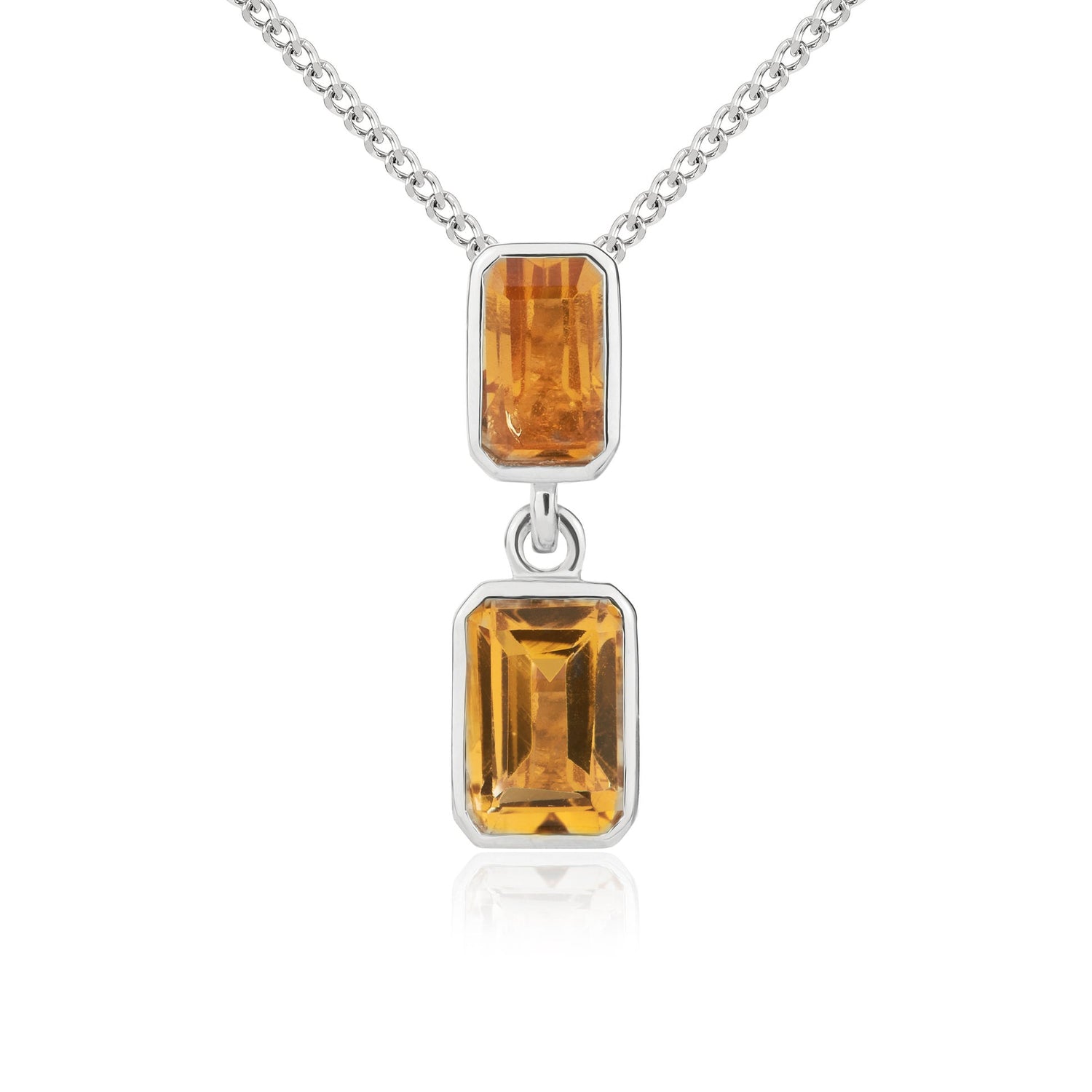 9ct White Gold Octagonal Emerald Cut Natural Citrine Double Stone Rubover Drop Pendant