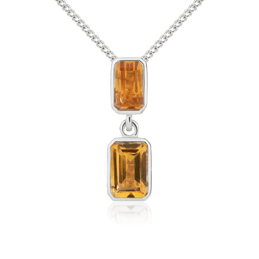 9ct White Gold Octagonal Emerald Cut Natural Citrine Double Stone Rubover Drop Pendant