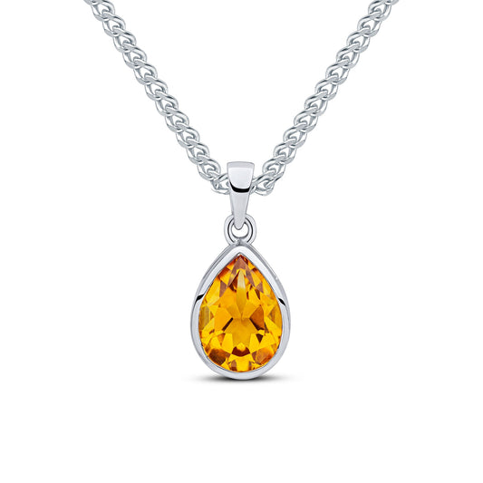9ct White Gold Pear Shaped Natural Citrine Rubover Pendant — 10x7mm