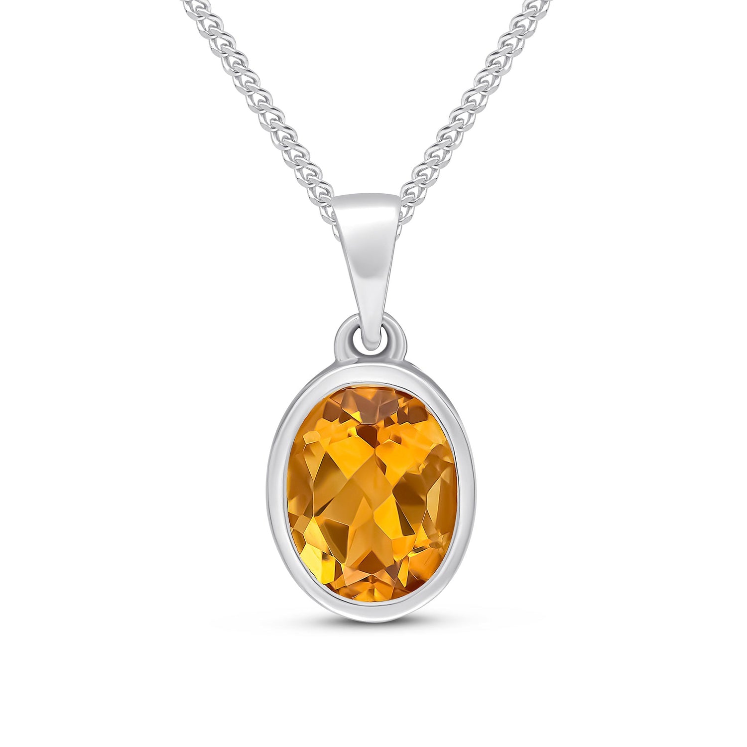 9ct White Gold Rubover-Set Oval Natural Citrine Pendant — 9x7mm
