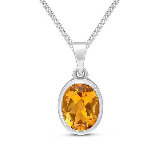9ct White Gold Rubover-Set Oval Natural Citrine Pendant — 9x7mm