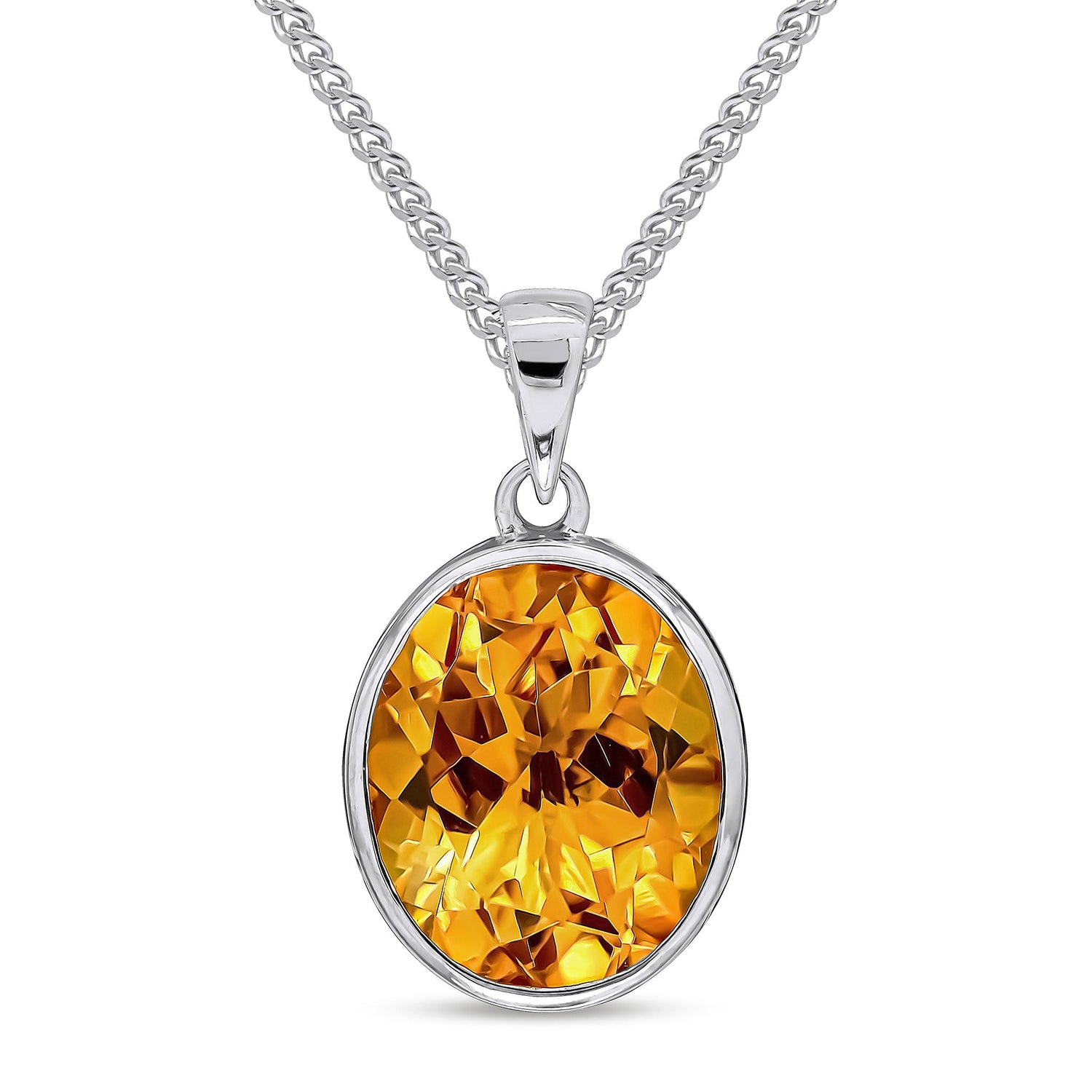 9ct White Gold Rubover-Set Oval Natural Citrine Pendant — 12x10mm
