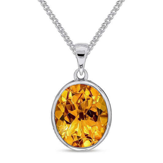9ct White Gold Rubover-Set Oval Natural Citrine Pendant — 12x10mm