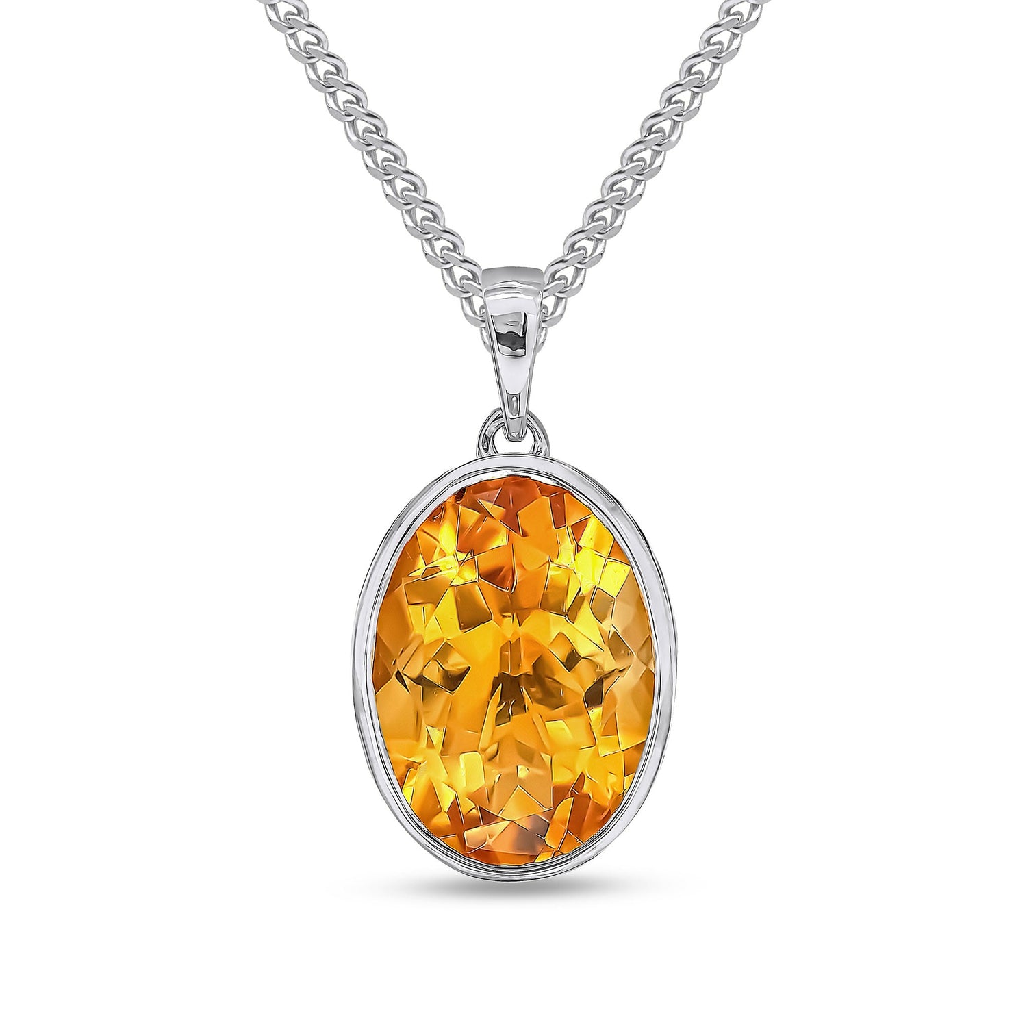 9ct White Gold Rubover-Set Oval Natural Citrine Pendant — 14x10mm
