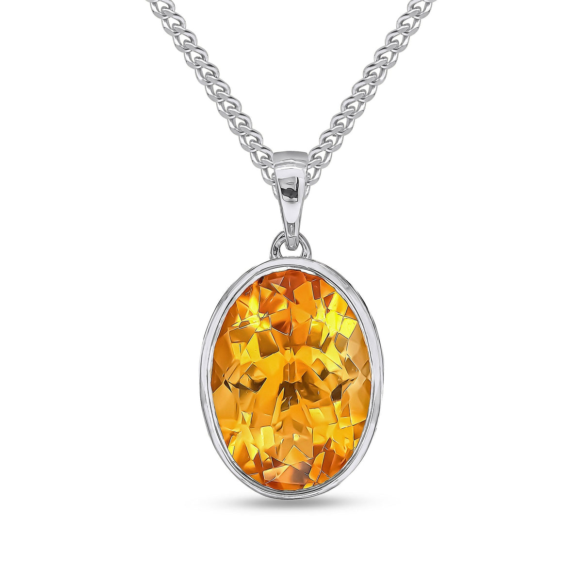 9ct White Gold Oval Natural Citrine Rubover Pendant — 14x10mm