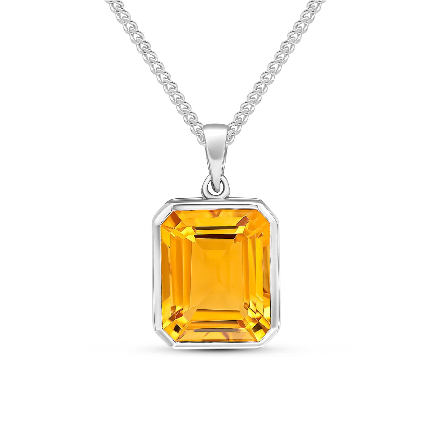 9ct White Gold Octagonal Emerald Cut Natural Citrine Rubover Pendant — 12x10mm