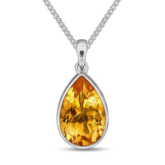 9ct White Gold Rubover-Set Pear Shaped Natural Citrine Pendant — 14x9mm