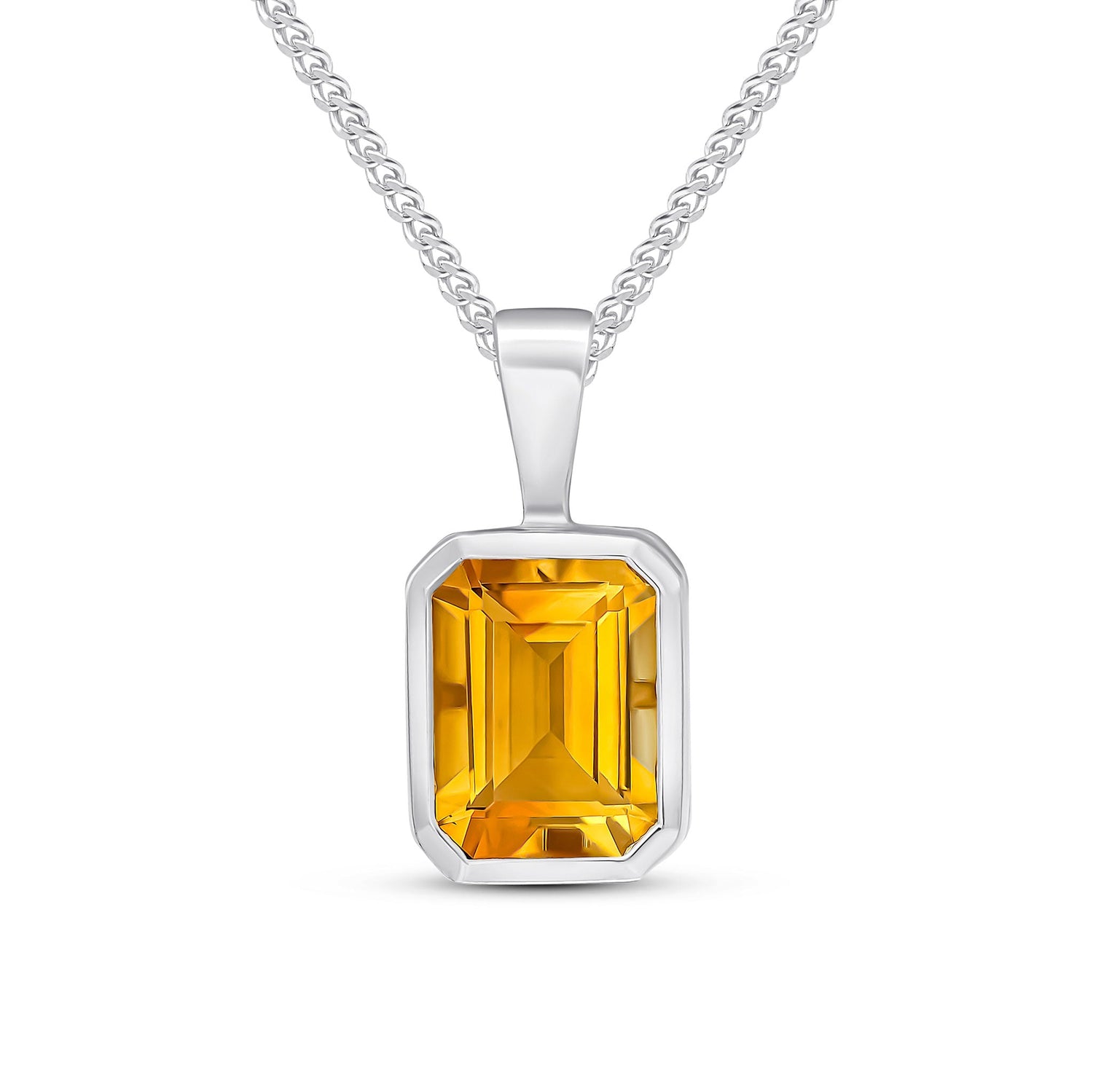 9ct White Gold Rubover Octagonal Emerald Cut Natural Citrine Pendant — 8x6mm