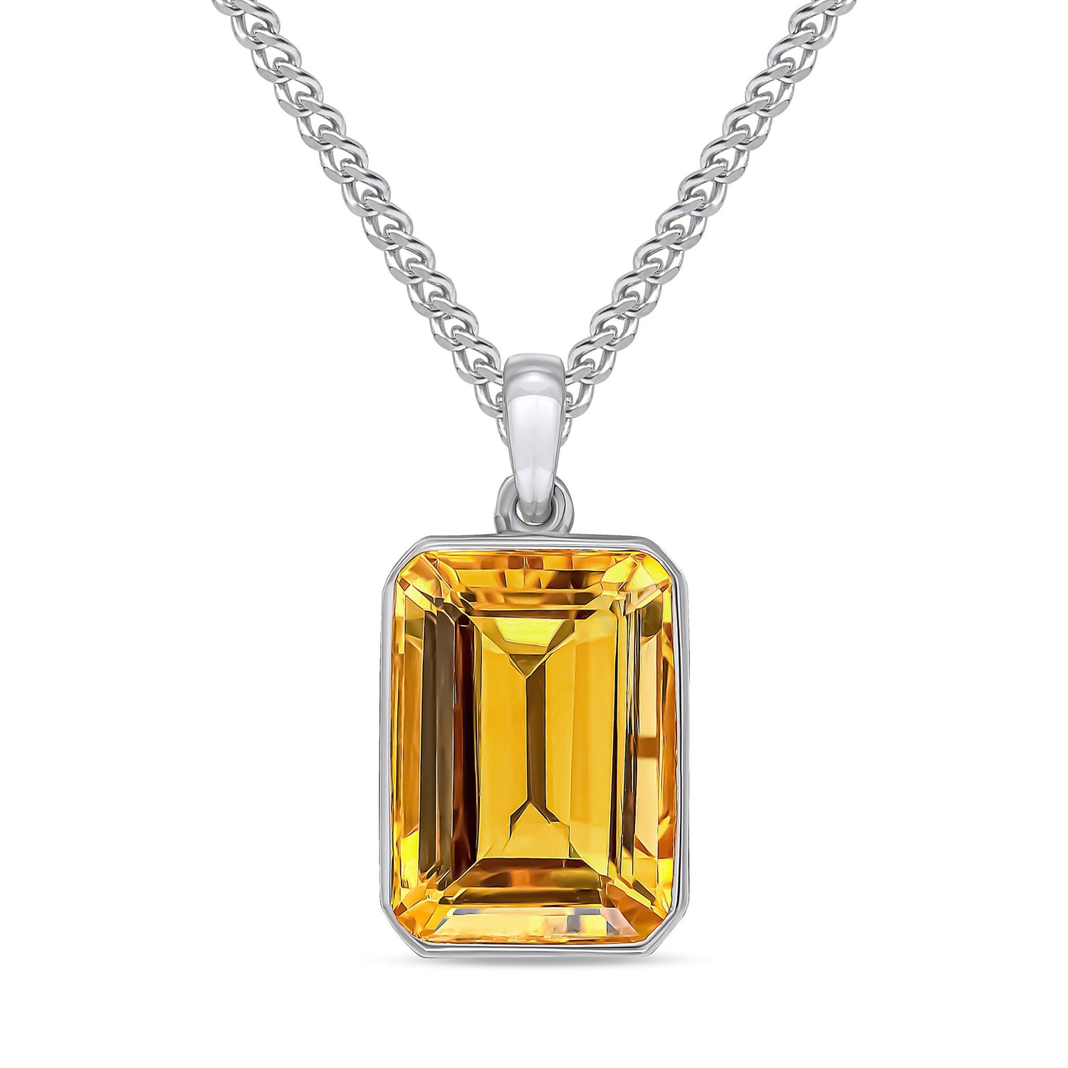 9ct White Gold Rubover Octagonal Emerald Cut Natural Citrine Pendant — 14x10mm