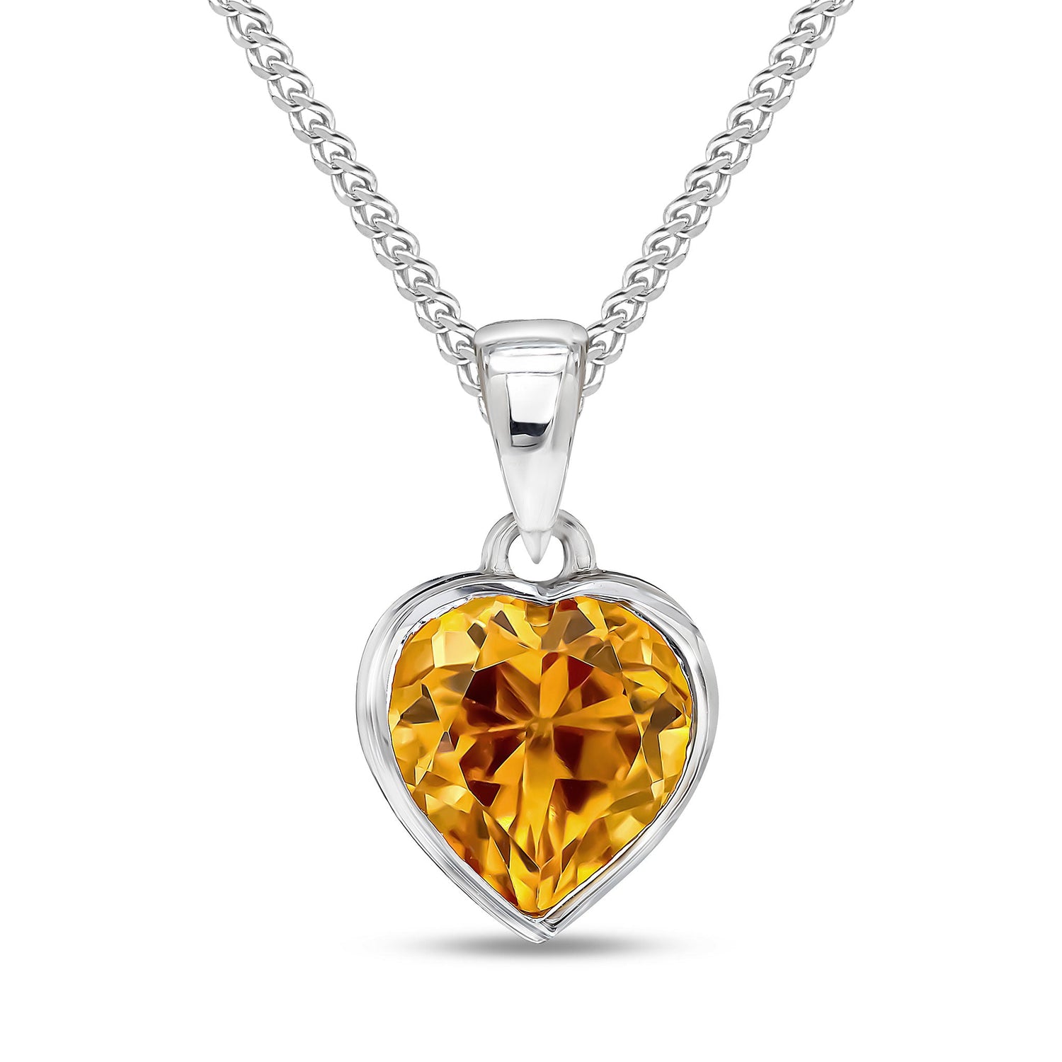 9ct White Gold Rubover-Set Heart Natural Citrine Pendant — 8mm