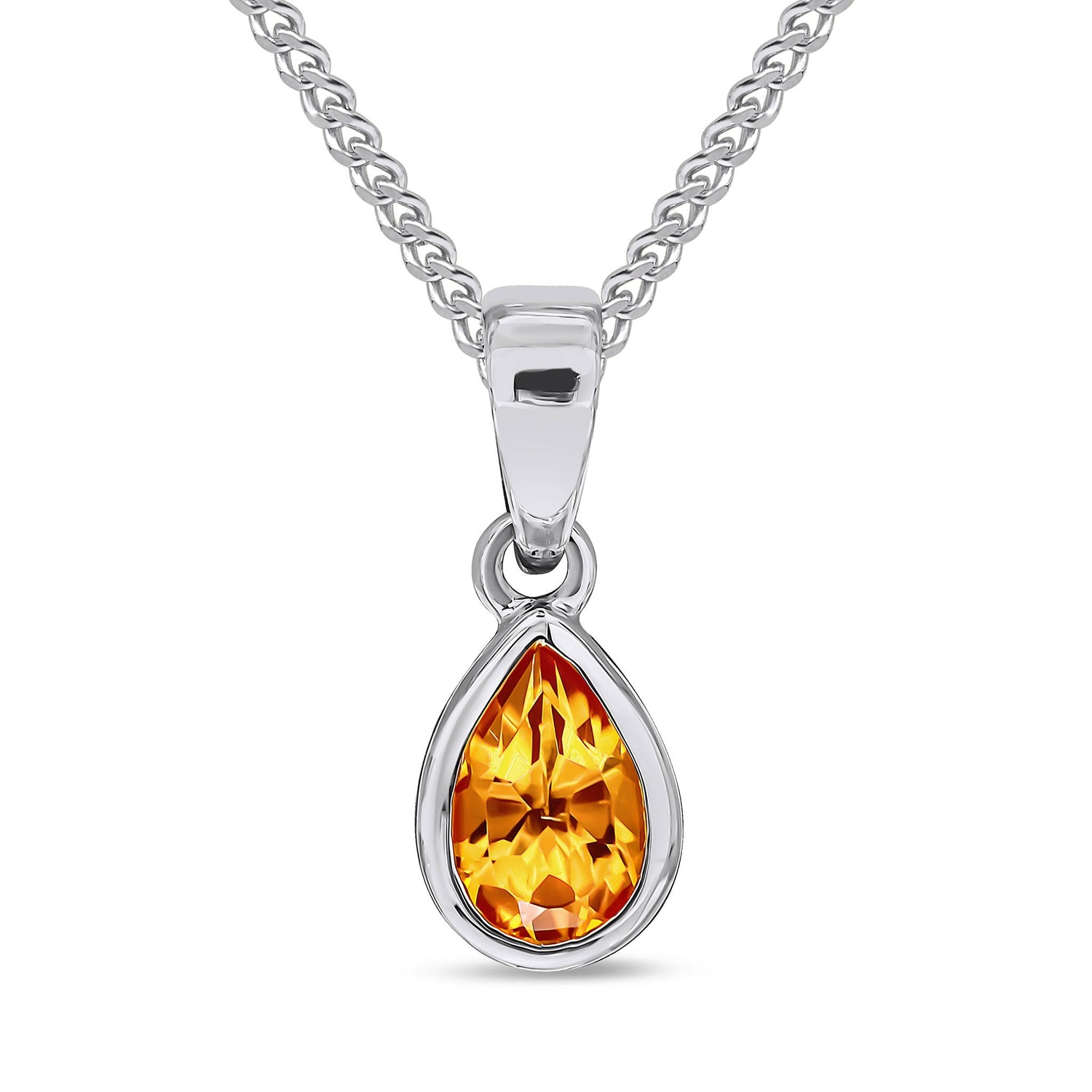 9ct White Gold Rubover-Set Pear Shaped Natural Citrine Drop Pendant — 6x4mm