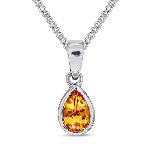 9ct White Gold Rubover-Set Pear Citrine Drop Pendant — 6x4mm
