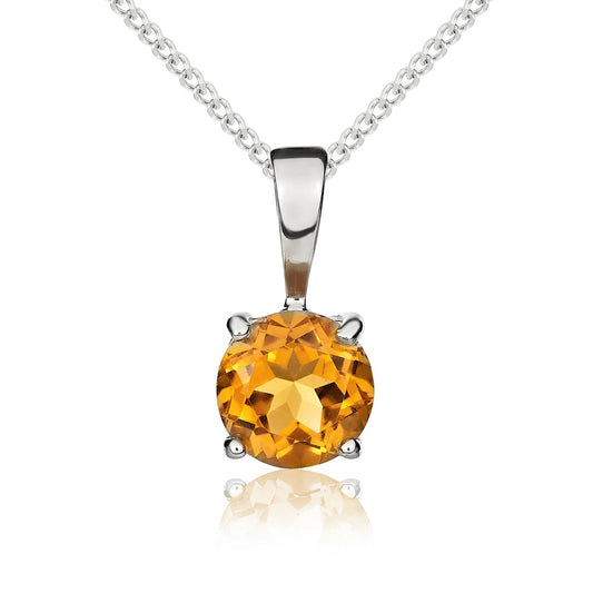 9ct White Gold Four-Claw Round Citrine Solitaire Pendant — 6mm