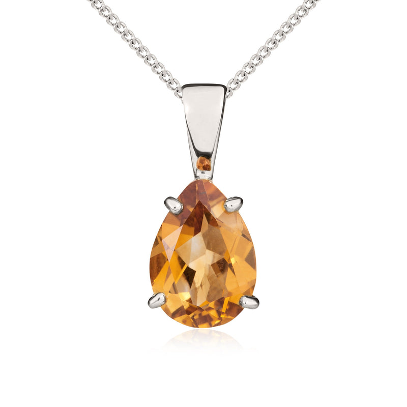 9ct White Gold Pear Shaped Natural Citrine Claw Pendant — 10x7mm