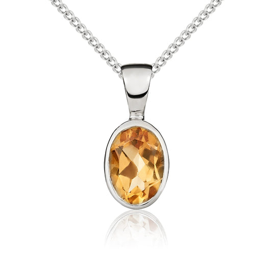 9ct White Gold Rubover-Set Oval Natural Citrine Pendant — 7x5mm