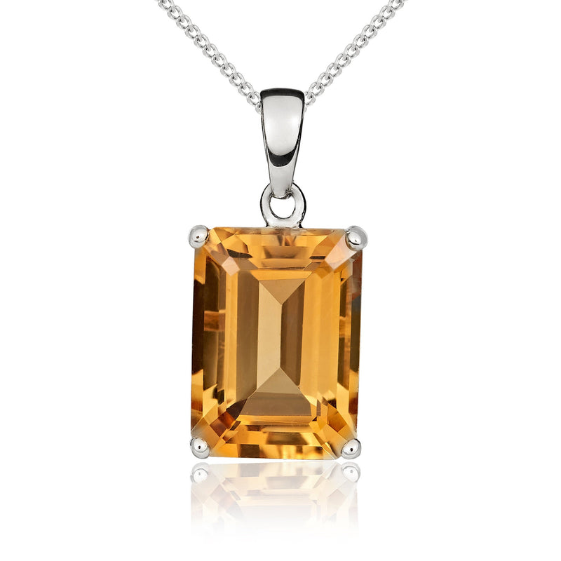 9ct White Gold Octagonal Natural Citrine Claw Pendant — 14x10mm