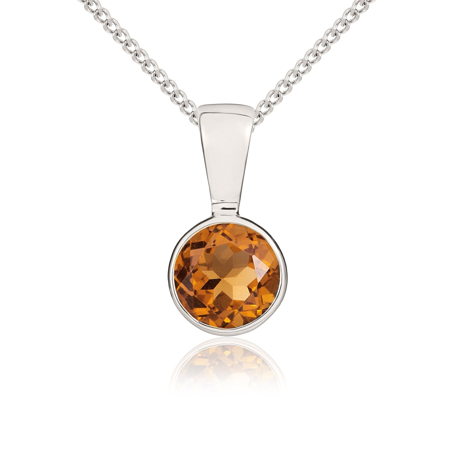 9ct White Gold Rubover-Set Round Natural Citrine Pendant — 5mm