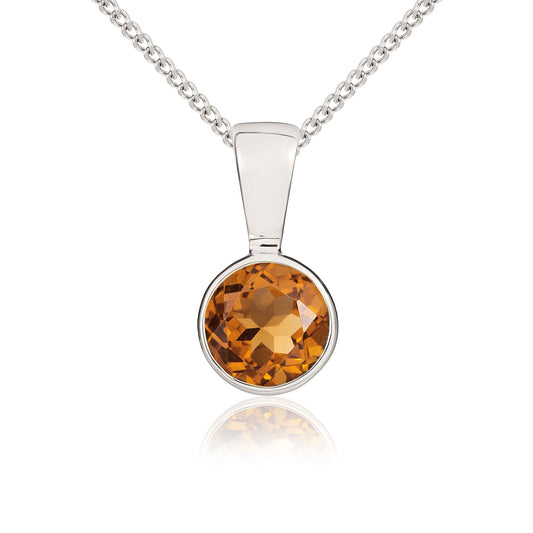 9ct White Gold Rubover-Set Round Natural Citrine Pendant — 5mm