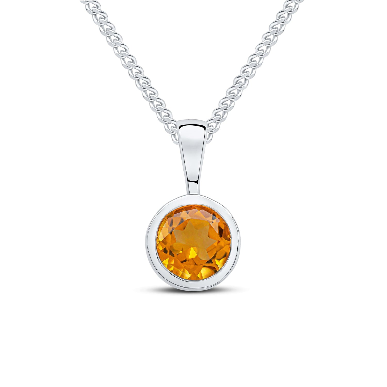 9ct White Gold Rubover-Set Round Natural Citrine Pendant — 6mm