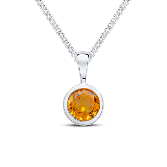 9ct White Gold Rubover-Set Round Natural Citrine Pendant — 6mm