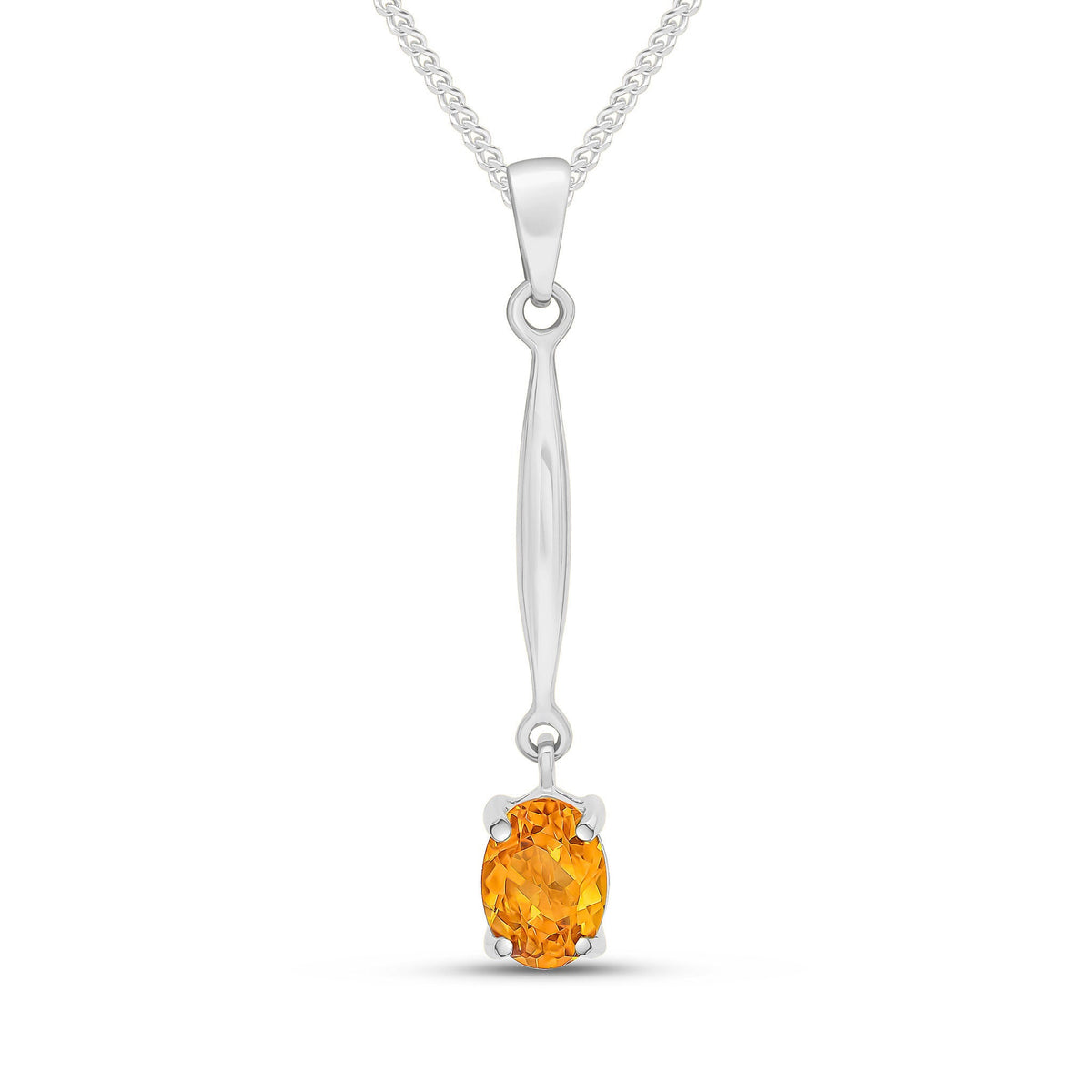 9ct White Gold Oval Natural Citrine Claw Bar Drop Pendant — 7x5mm