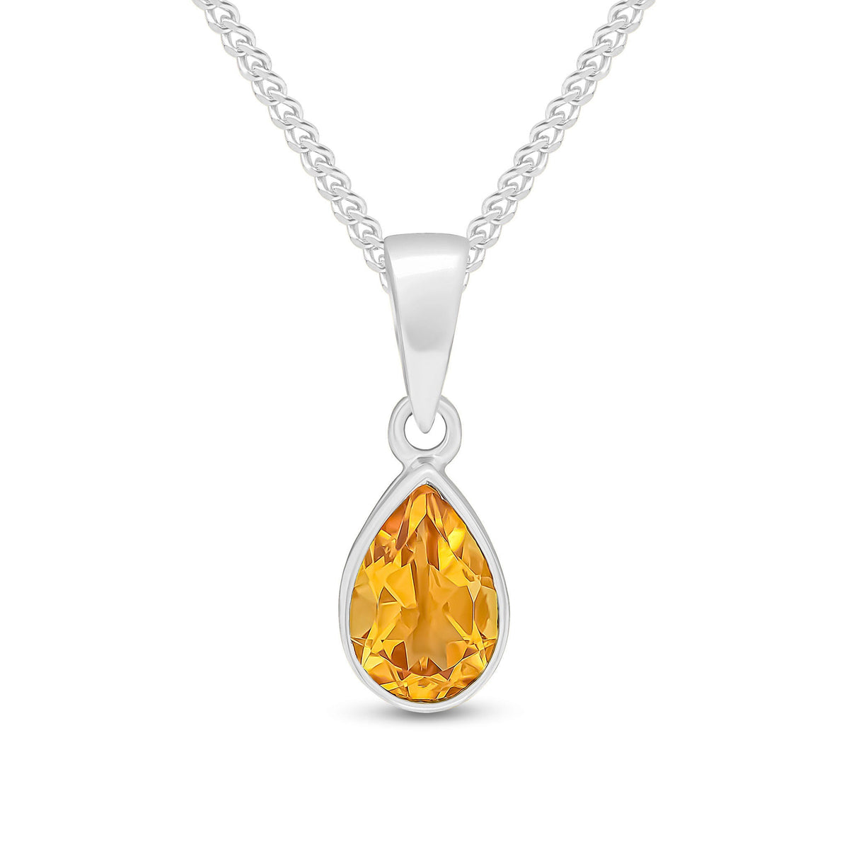 9ct White Gold Pear Shaped Natural Citrine Rubover Pendant — 7x5mm